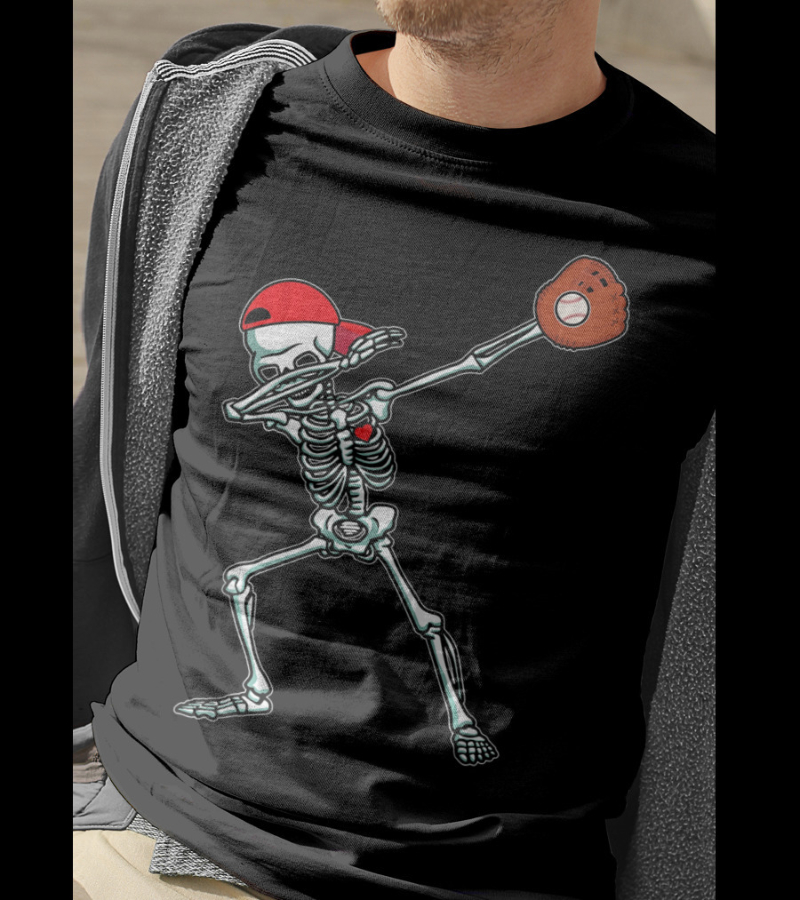 Dabbing Skeleton Baseball Dab Hi Red Cap Glove T-Shirt