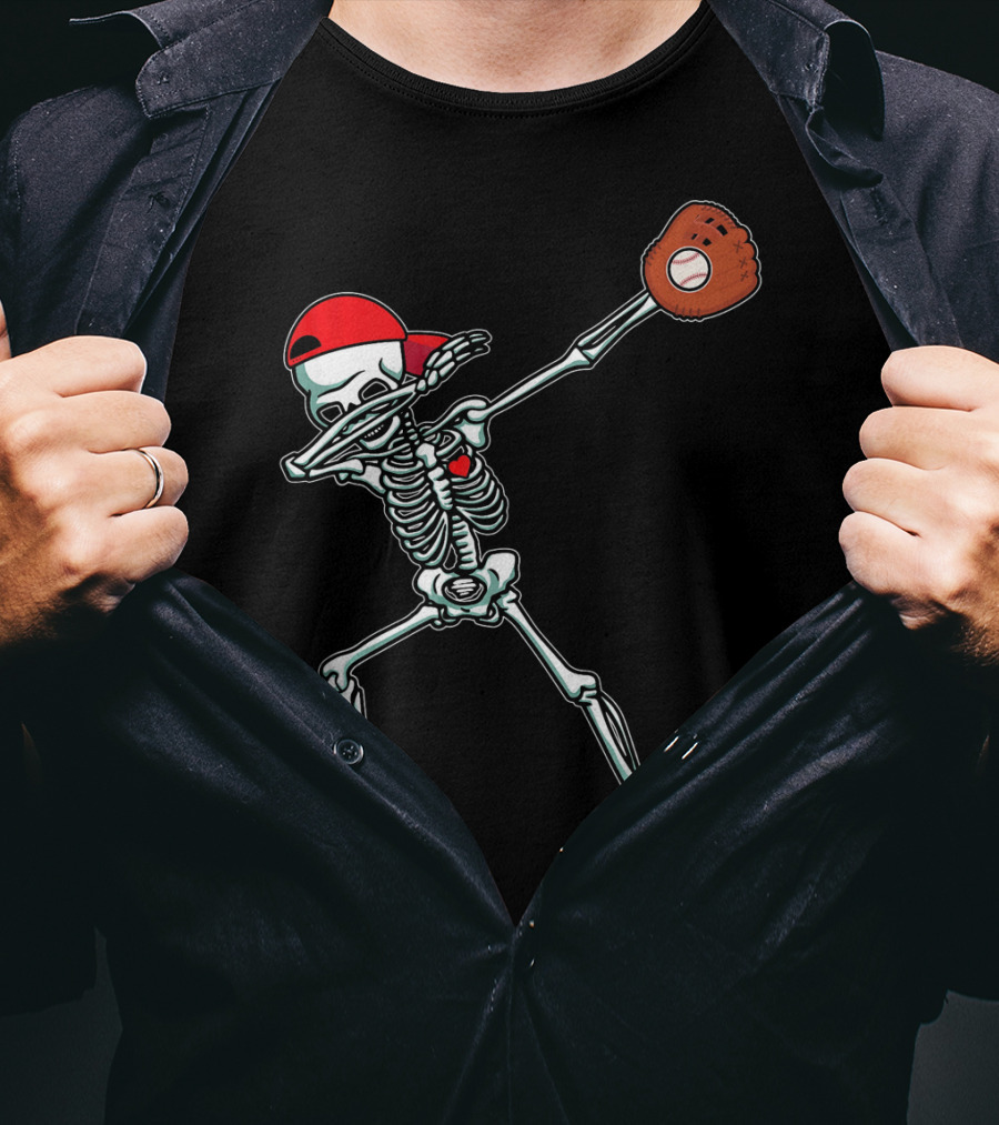 Dabbing Skeleton Baseball Dab Hi Red Cap Glove T-Shirt