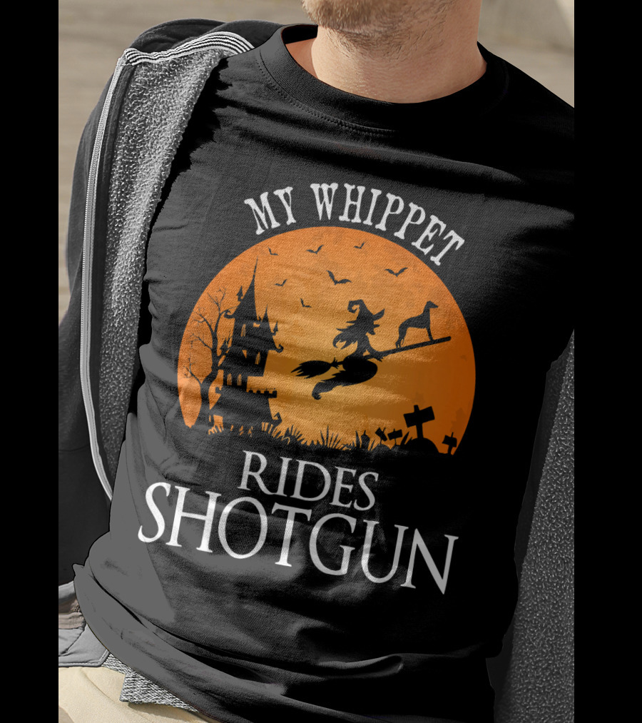 My Whippet Rides Shotgun Witch Broomstick Halloween Scene T-Shirt