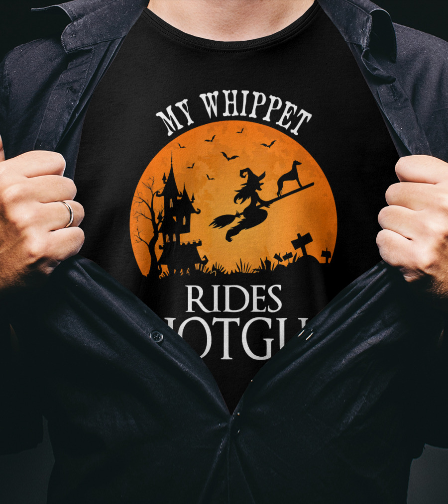 My Whippet Rides Shotgun Witch Broomstick Halloween Scene T-Shirt