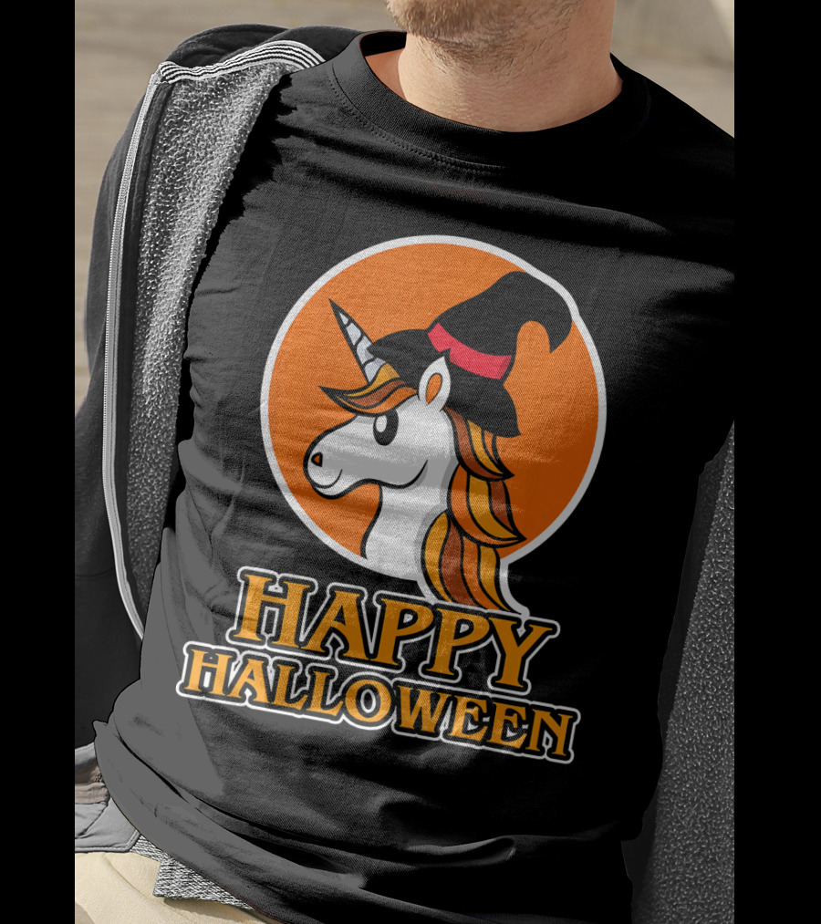 Happy Halloween Unicorn With Witch Hat T-Shirt