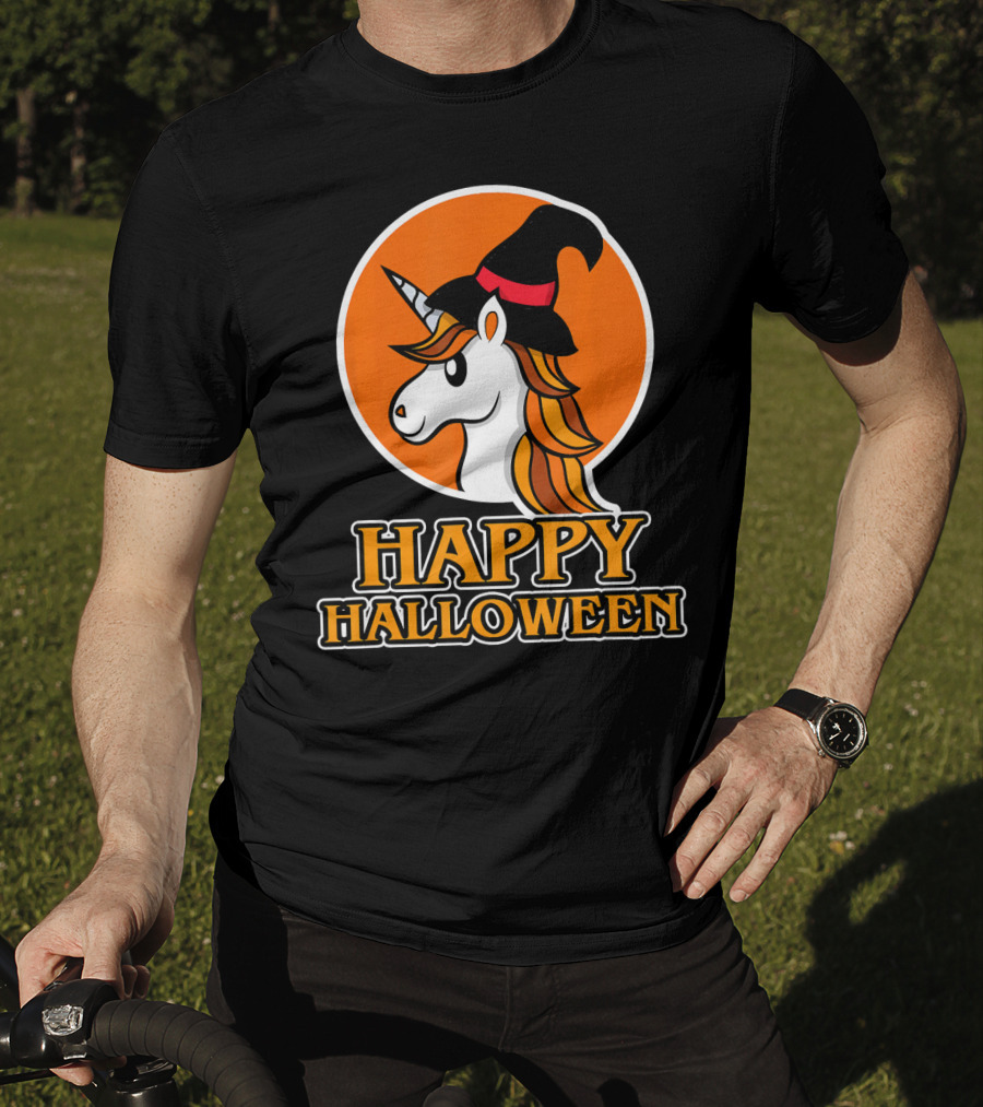 Happy Halloween Unicorn With Witch Hat T-Shirt