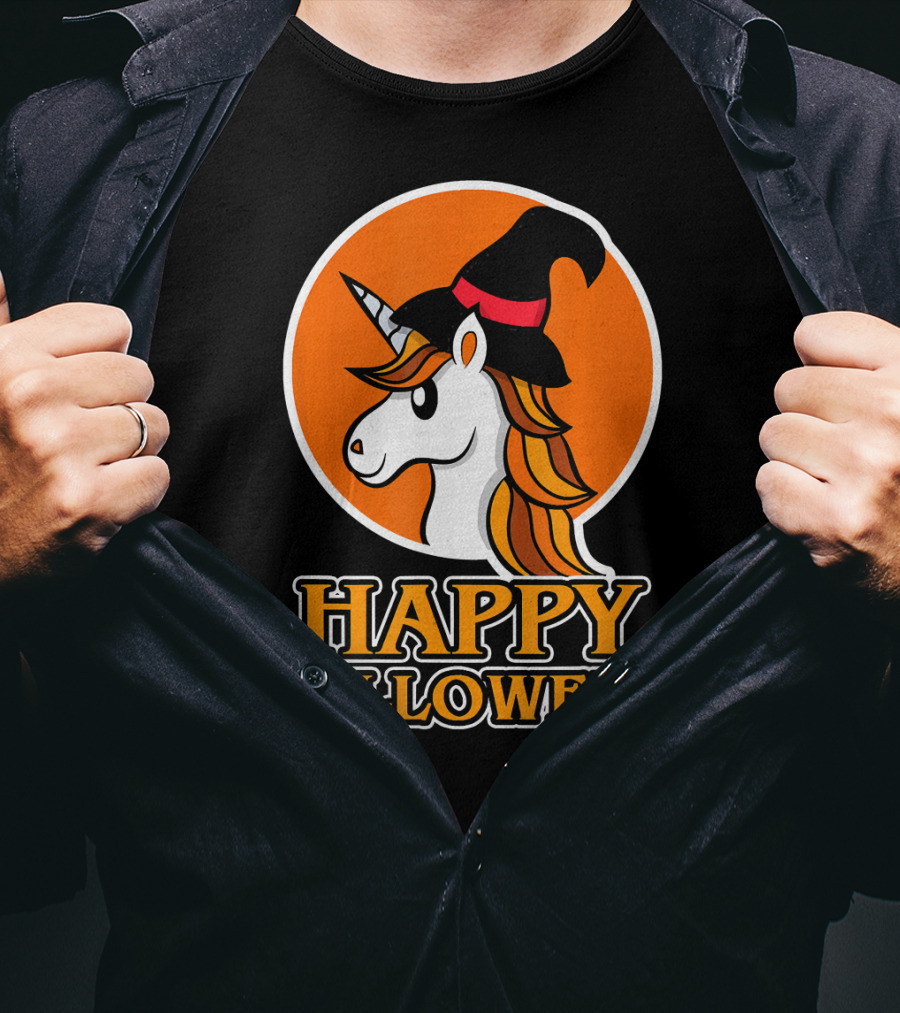 Happy Halloween Unicorn With Witch Hat T-Shirt