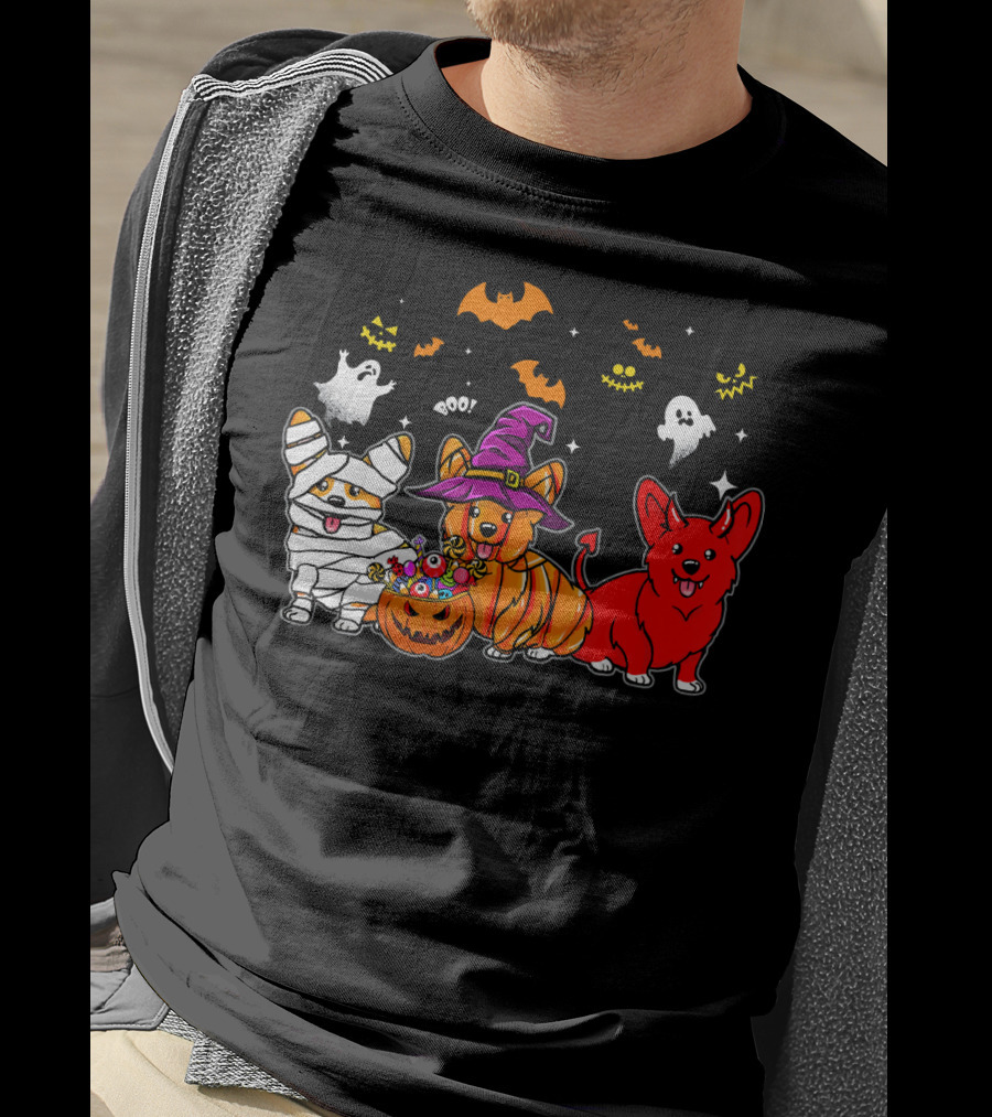 Corgi Dog Halloween Ghosts Pumpkins Mummy Witch T-Shirt