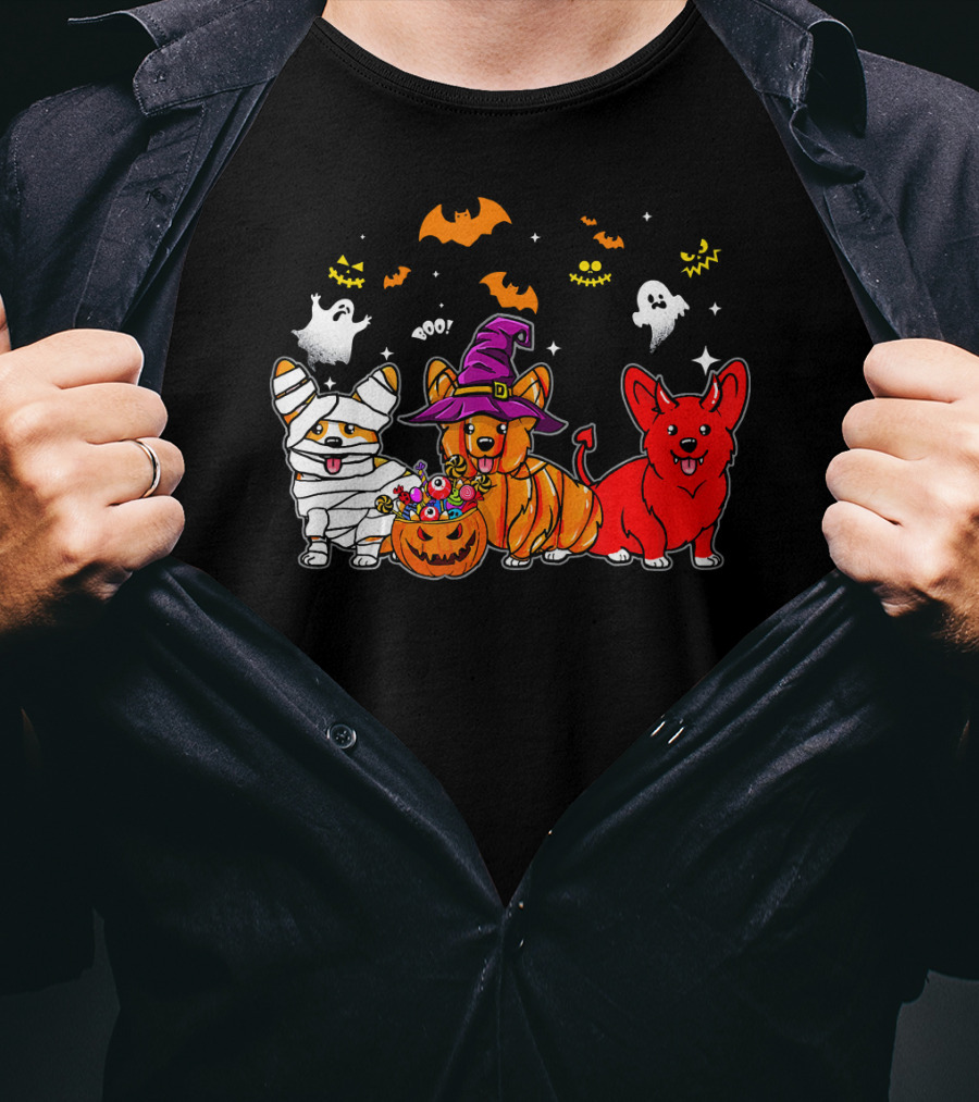 Corgi Dog Halloween Ghosts Pumpkins Mummy Witch T-Shirt