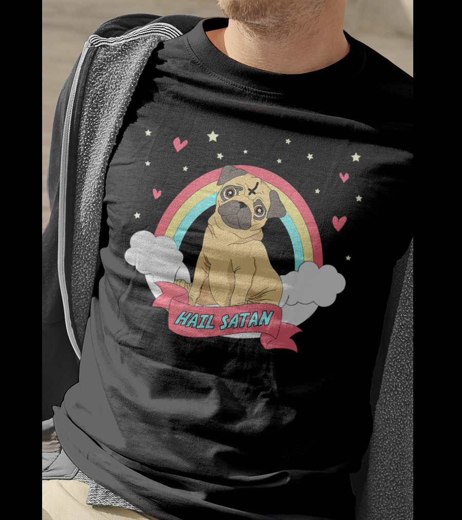 Hail Satan Pug Cute Halloween Rainbow Hearts Stars Clouds T-Shirt