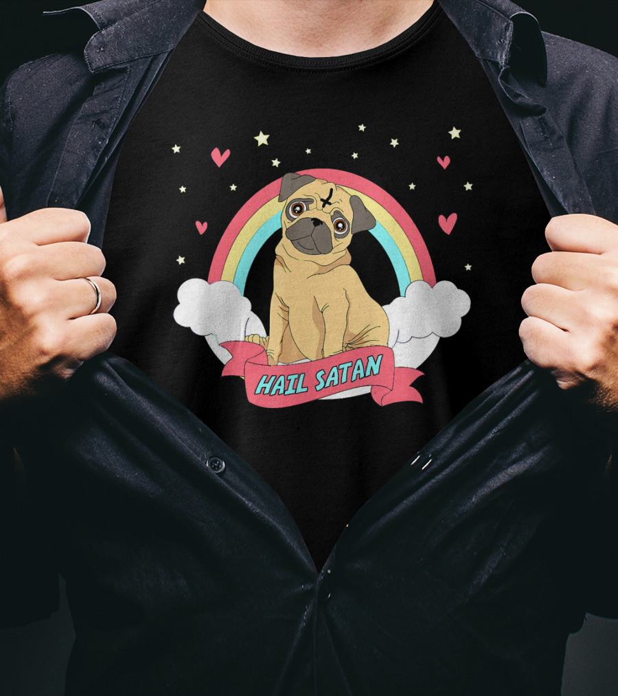Hail Satan Pug Cute Halloween Rainbow Hearts Stars Clouds T-Shirt