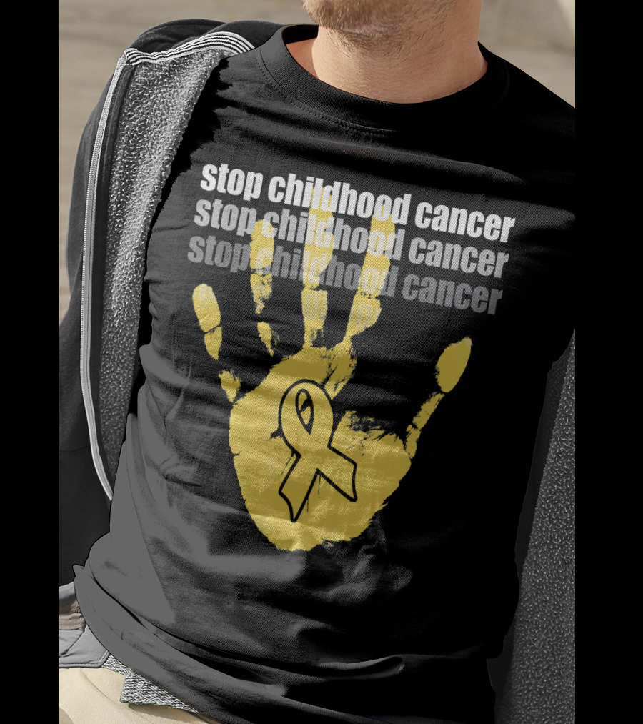 Stop Childhood Cancer Yellow Handprint Ribbon Awareness T-Shirt