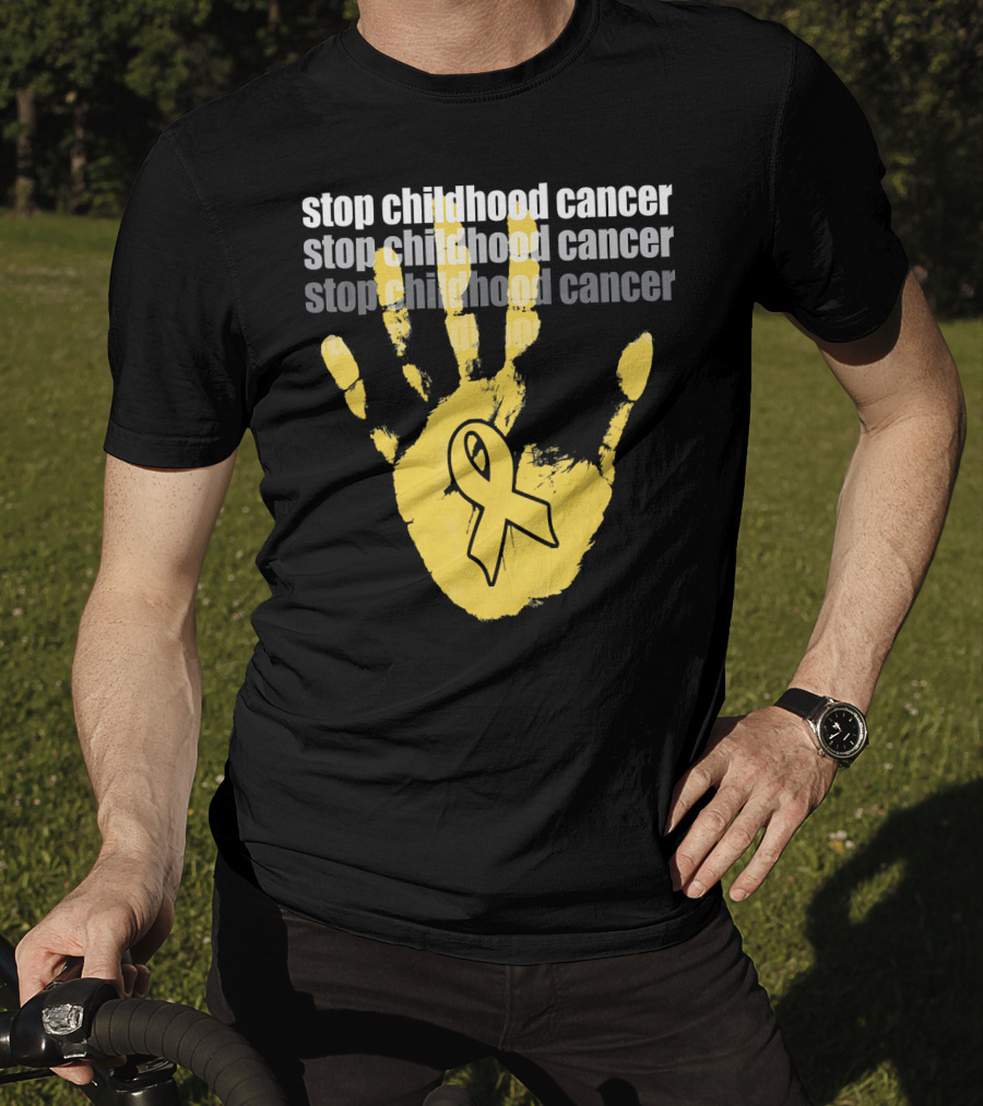 Stop Childhood Cancer Yellow Handprint Ribbon Awareness T-Shirt