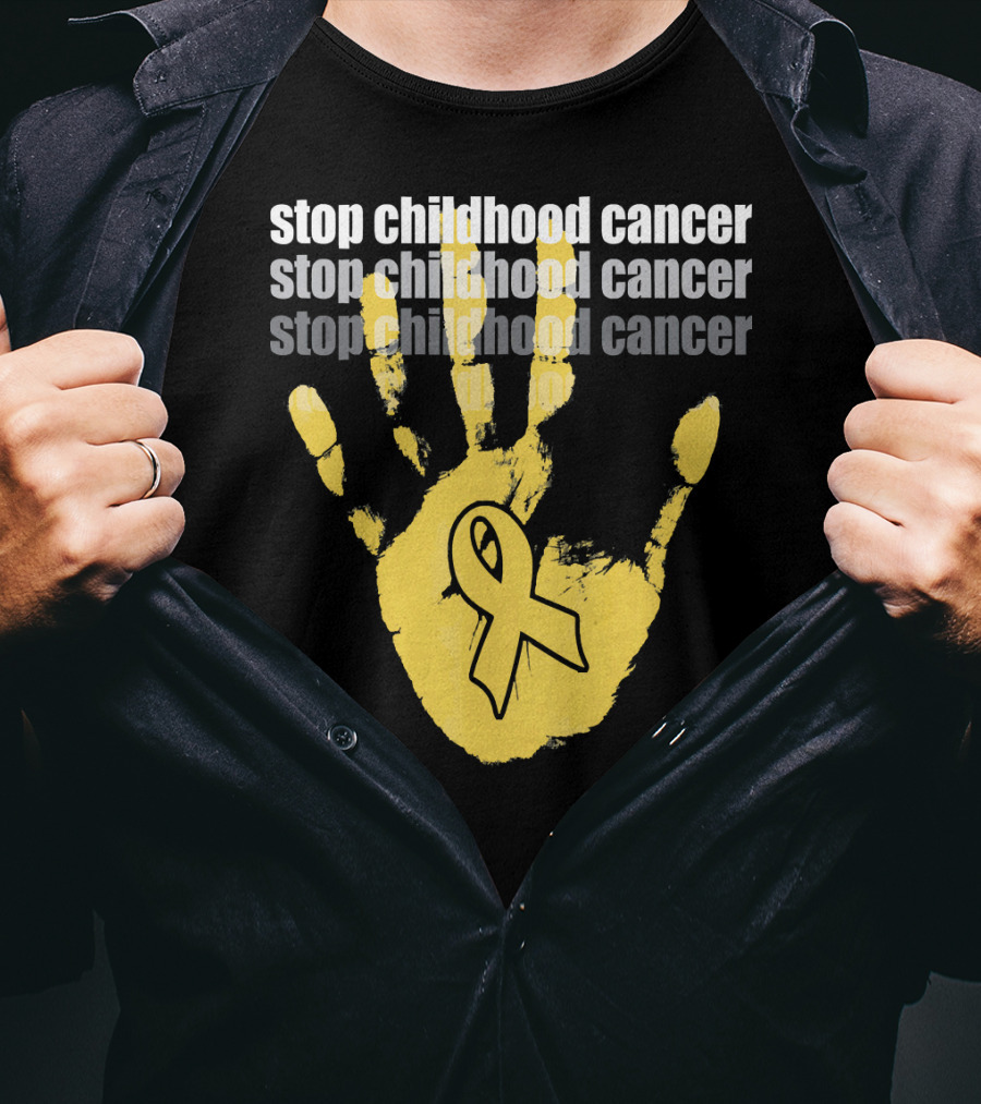 Stop Childhood Cancer Yellow Handprint Ribbon Awareness T-Shirt