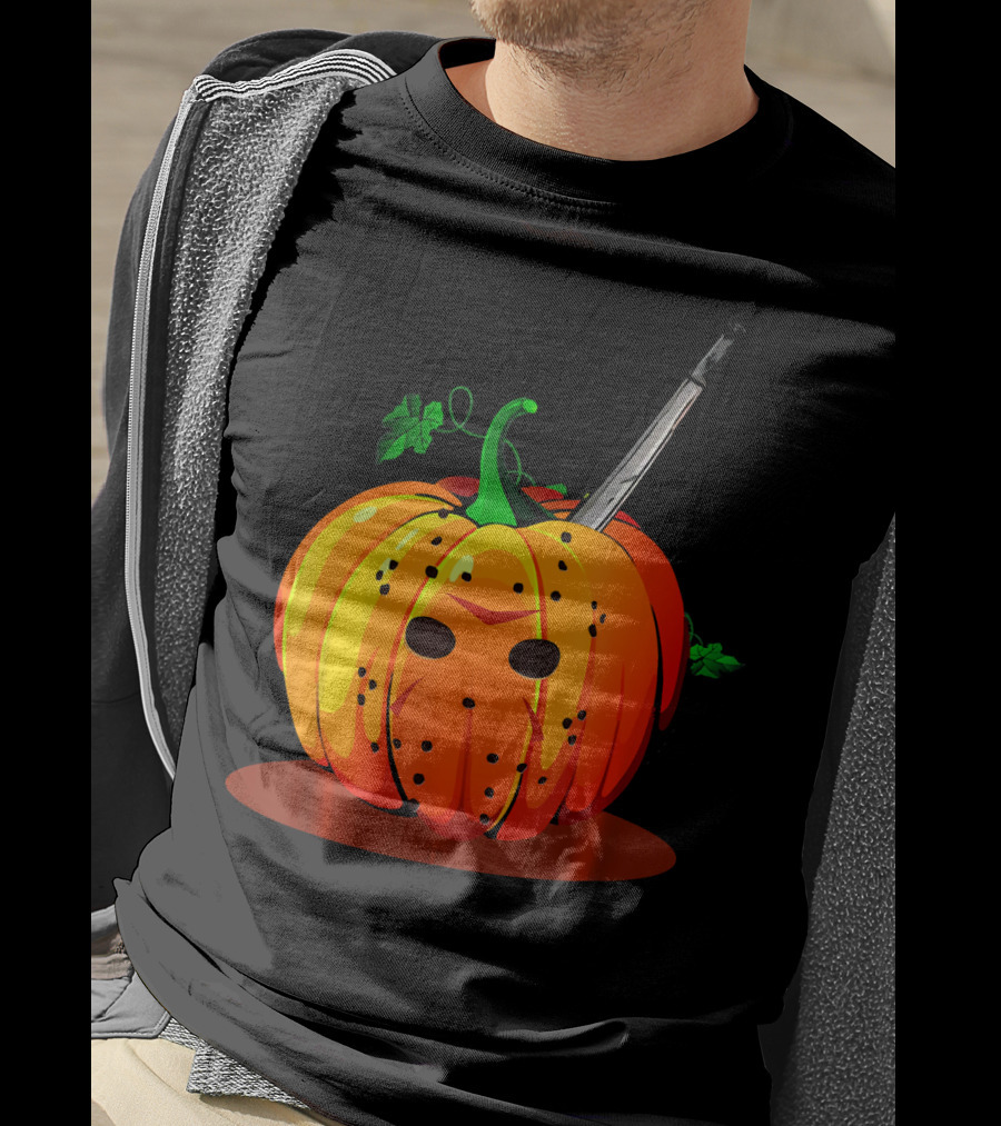 Horror Pumpkin Halloween Scary Face Knife T-Shirt