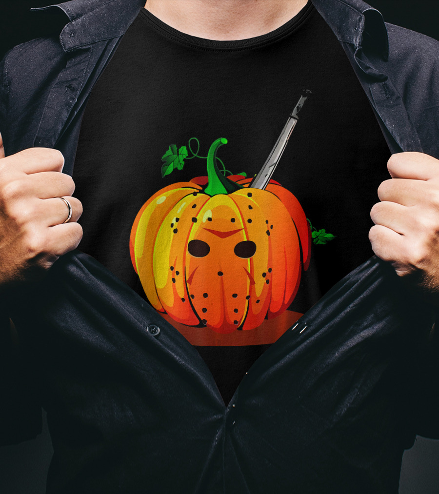 Horror Pumpkin Halloween Scary Face Knife T-Shirt