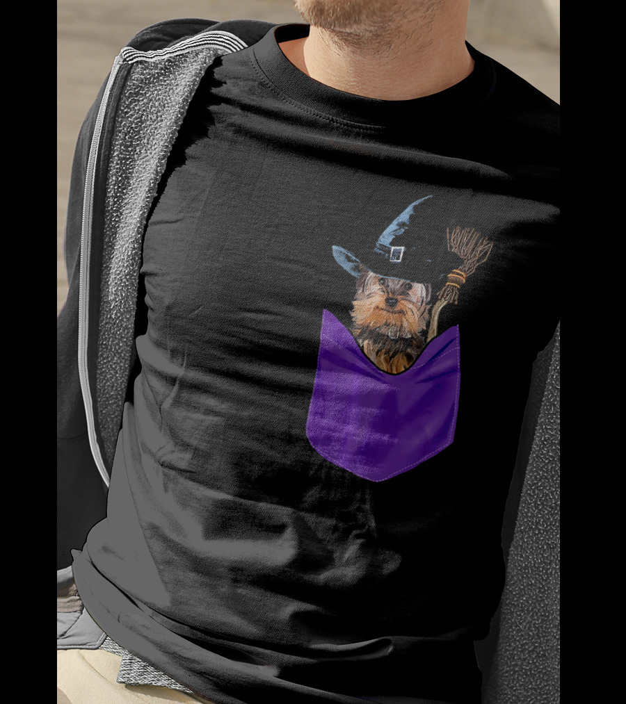 Yorkie Witch In Pocket With Broomstick T-Shirt