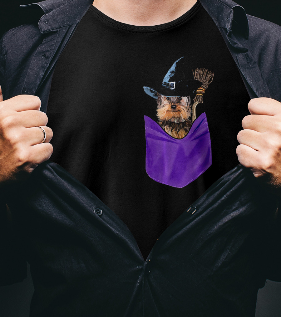 Yorkie Witch In Pocket With Broomstick T-Shirt