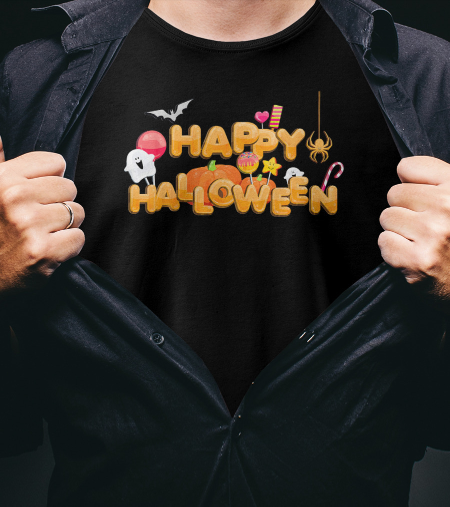 Happy Halloween Candy Ghosts Boo Bat Pumpkin T-Shirt