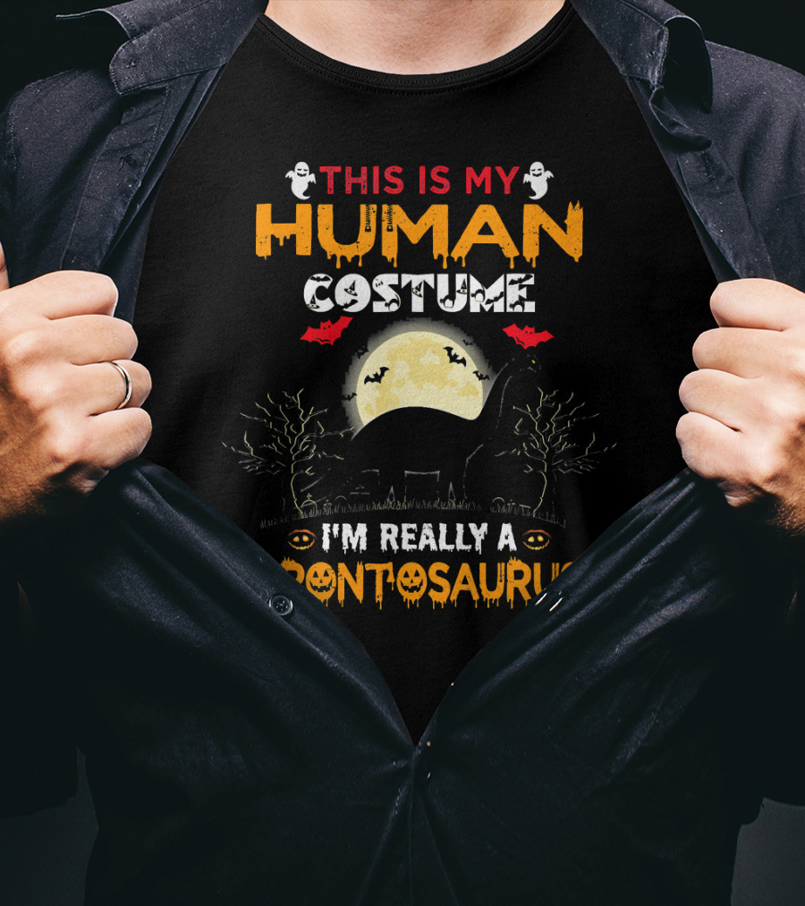 This Is My Human Costume I'm Really A Brontosaurus Halloween Moon Ghosts Bats Trees T-Shirt