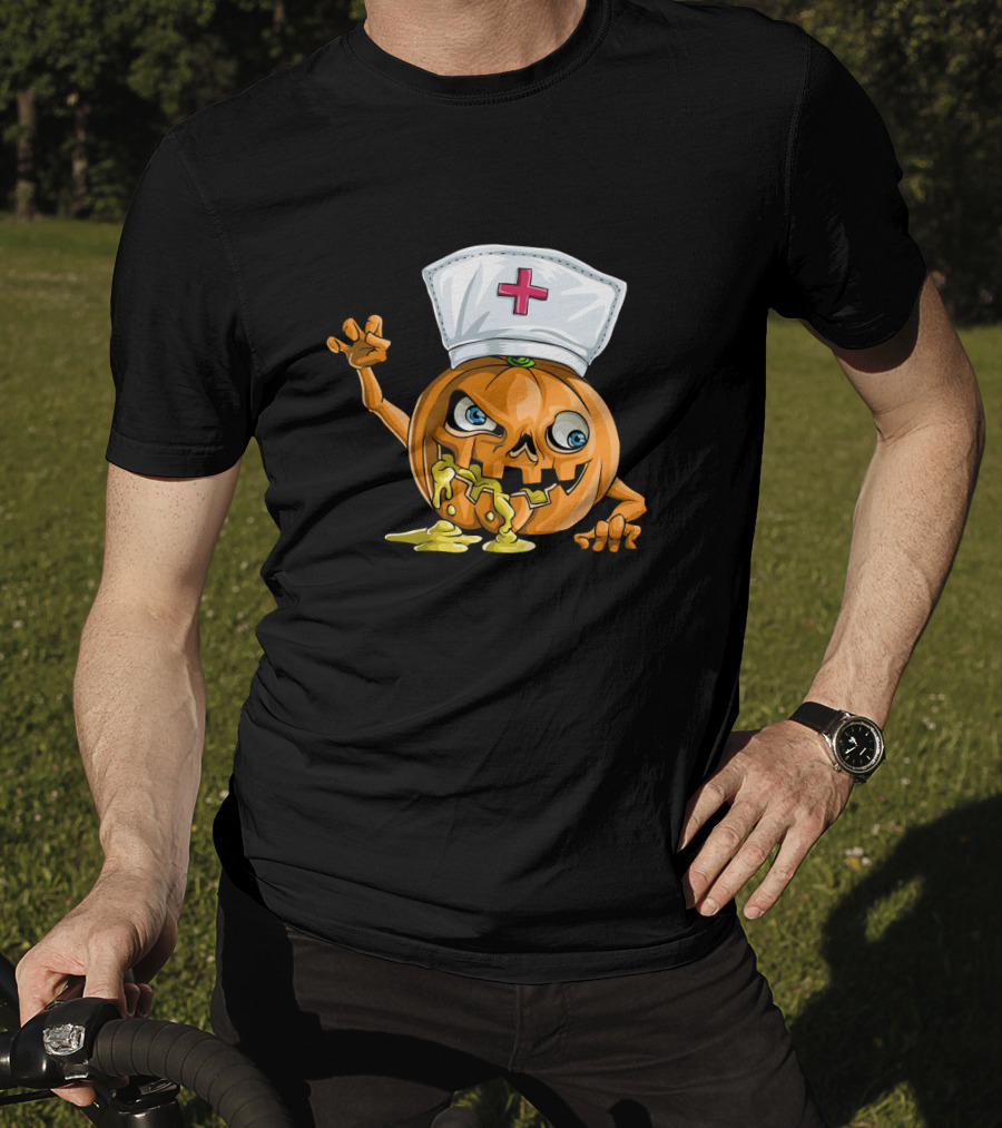 Zombie Pumpkin Nurse Funny Halloween Horror T-Shirt