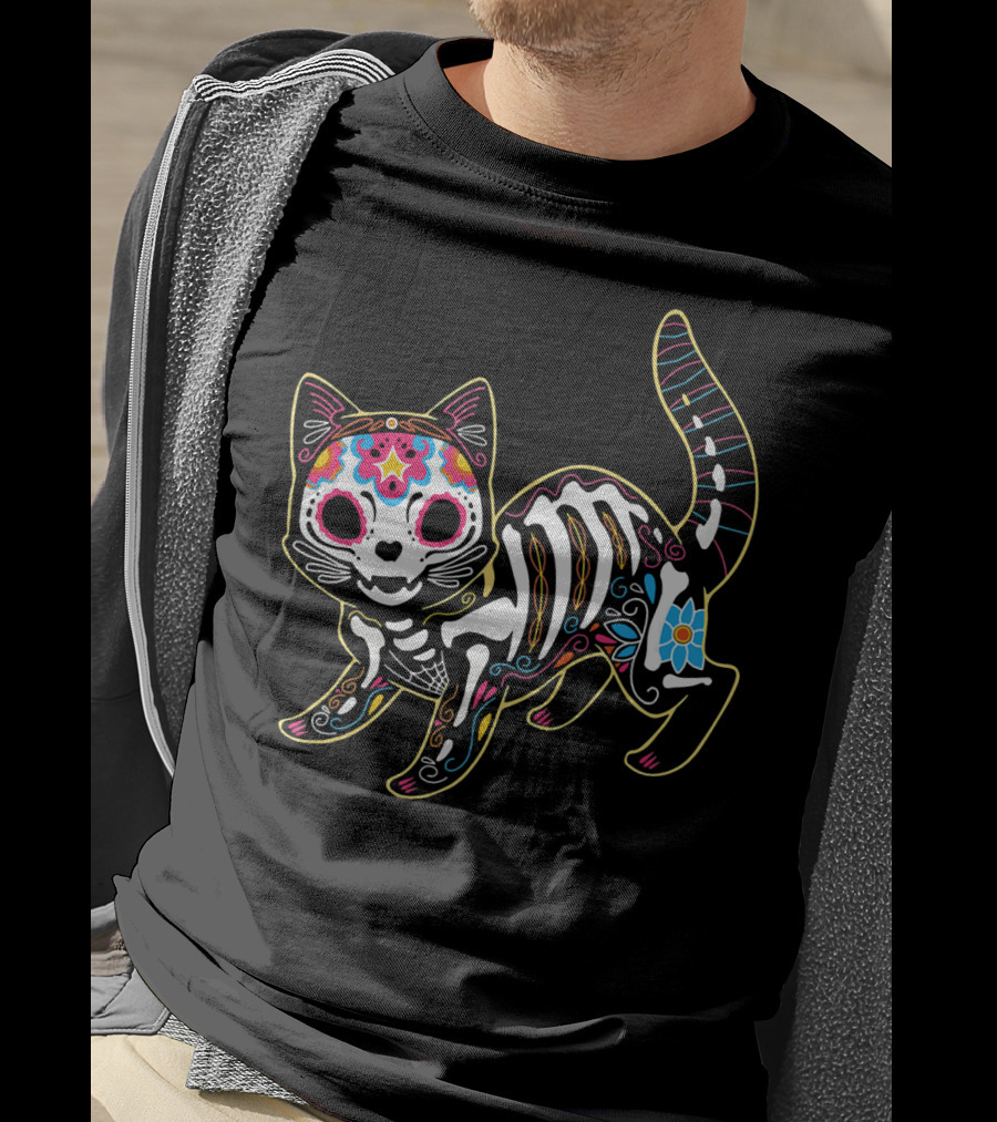 Day Of The Dead Black Cat Sugar Skull Halloween T-Shirt