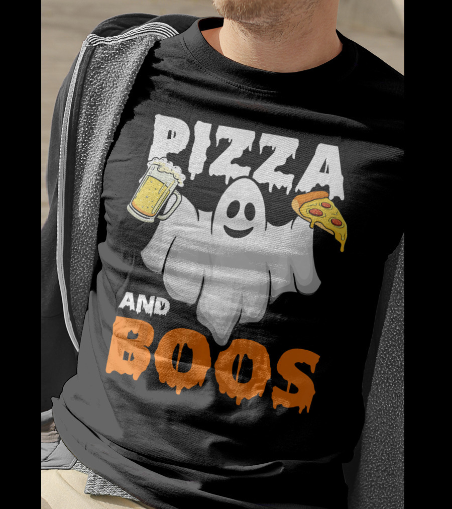 Pizza And Boos Ghost Holding Beer And Pizza Slice Halloween Funny Ghost Drinking Beer T-Shirt