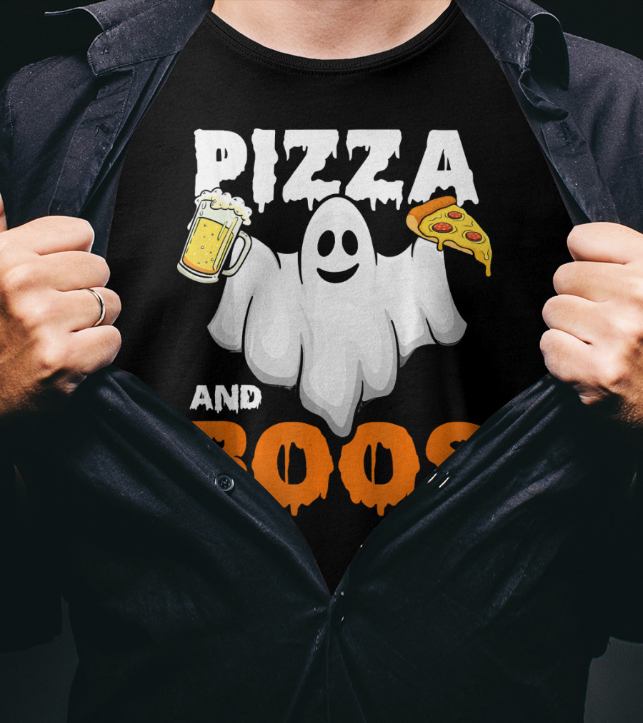 Pizza And Boos Ghost Holding Beer And Pizza Slice Halloween Funny Ghost Drinking Beer T-Shirt