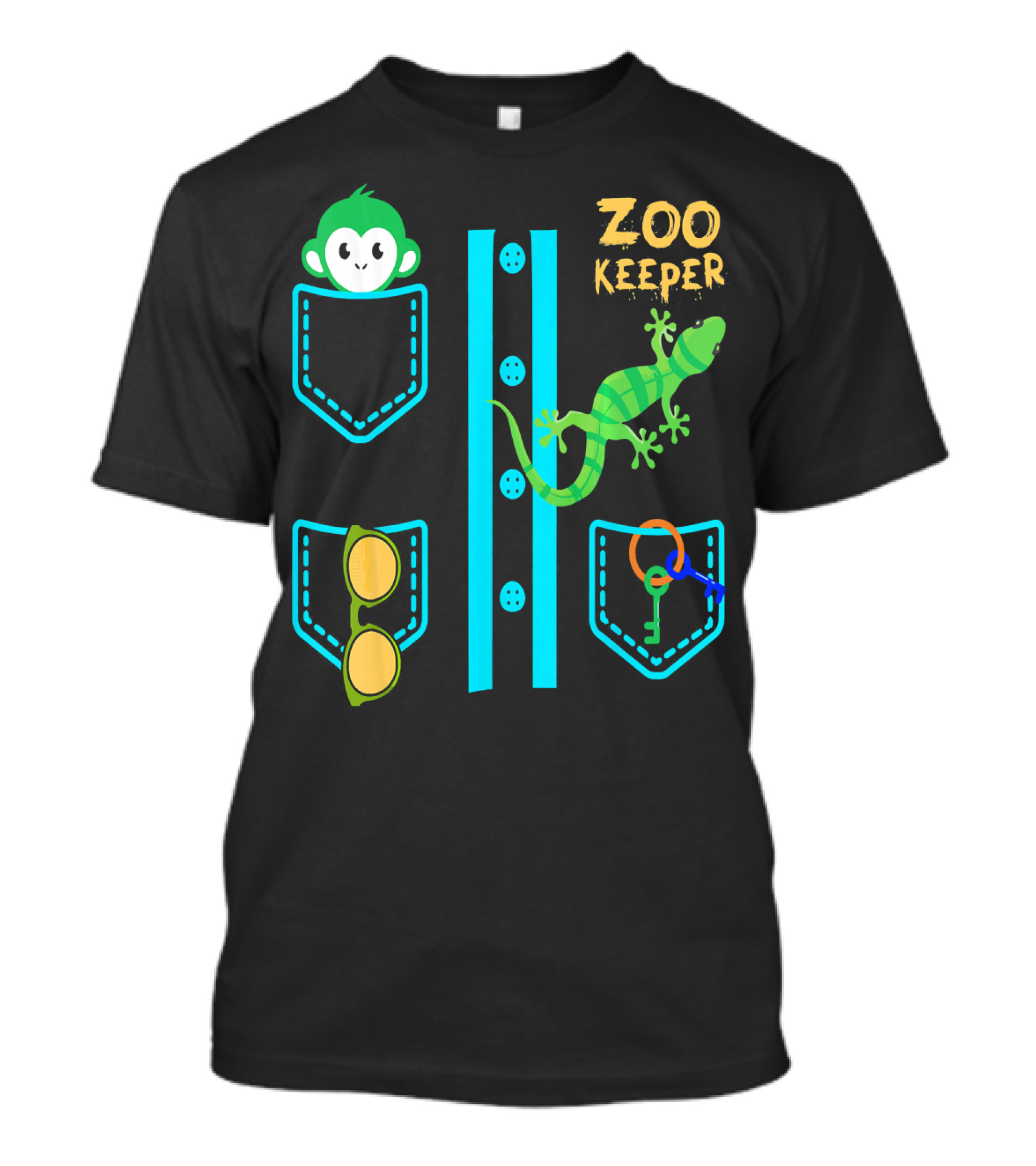 Zoo Keeper Costume Halloween Monkey Lizard Pockets Keys Glasses T-Shirt