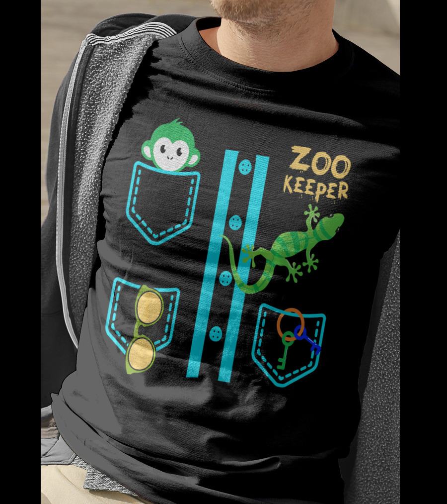 Zoo Keeper Costume Halloween Monkey Lizard Pockets Keys Glasses T-Shirt