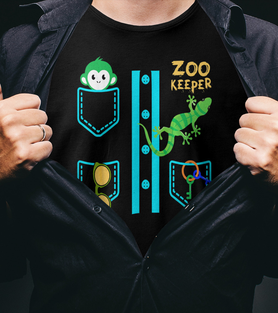 Zoo Keeper Costume Halloween Monkey Lizard Pockets Keys Glasses T-Shirt