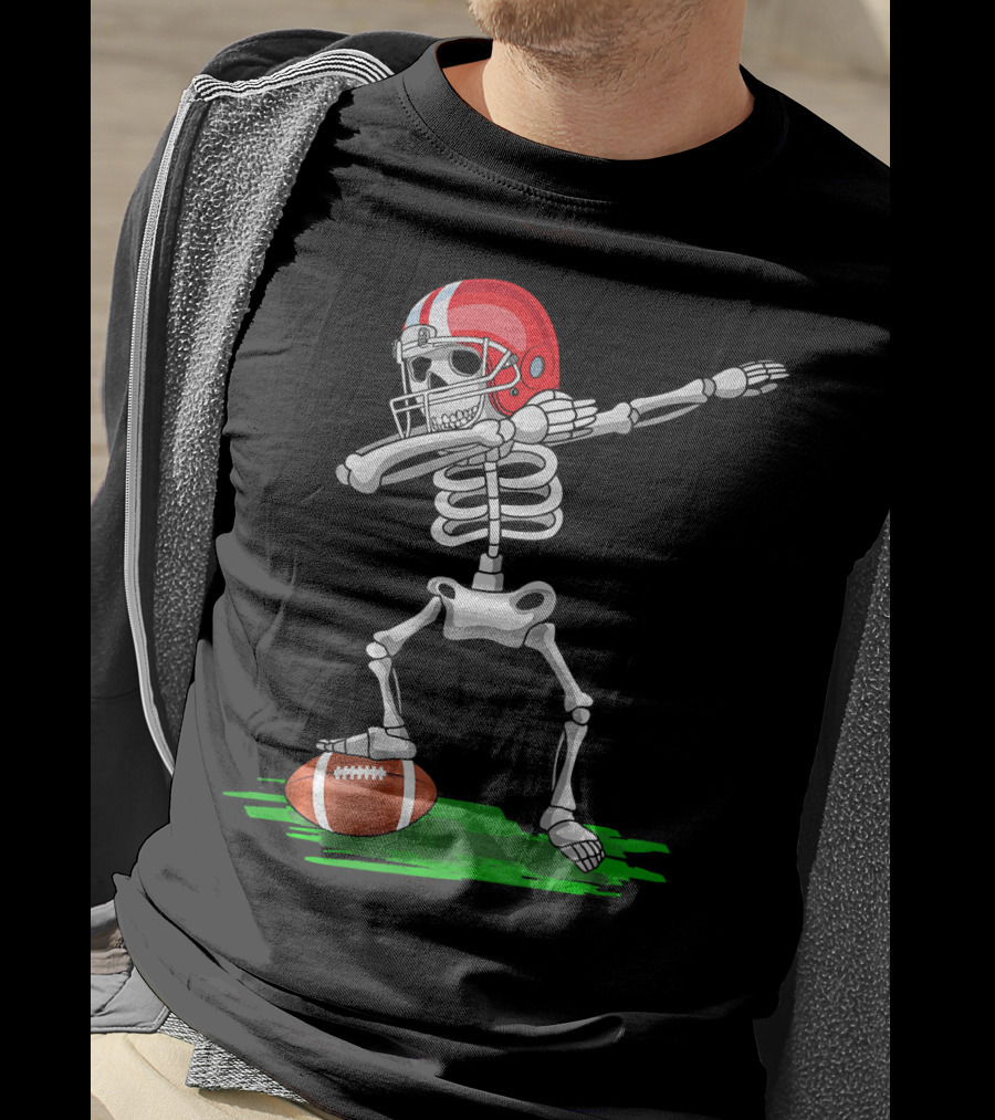 Dabbing Skeleton With Football And Red Helmet For Halloween T-Shirt