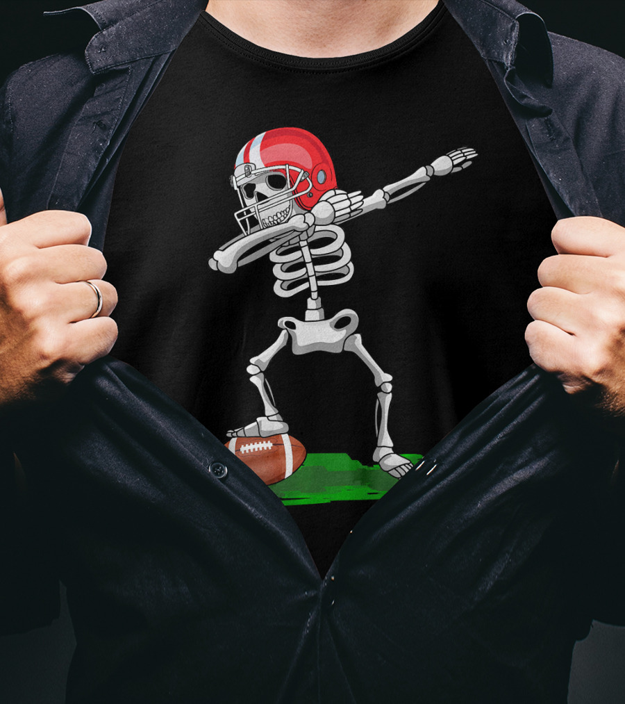 Dabbing Skeleton With Football And Red Helmet For Halloween T-Shirt