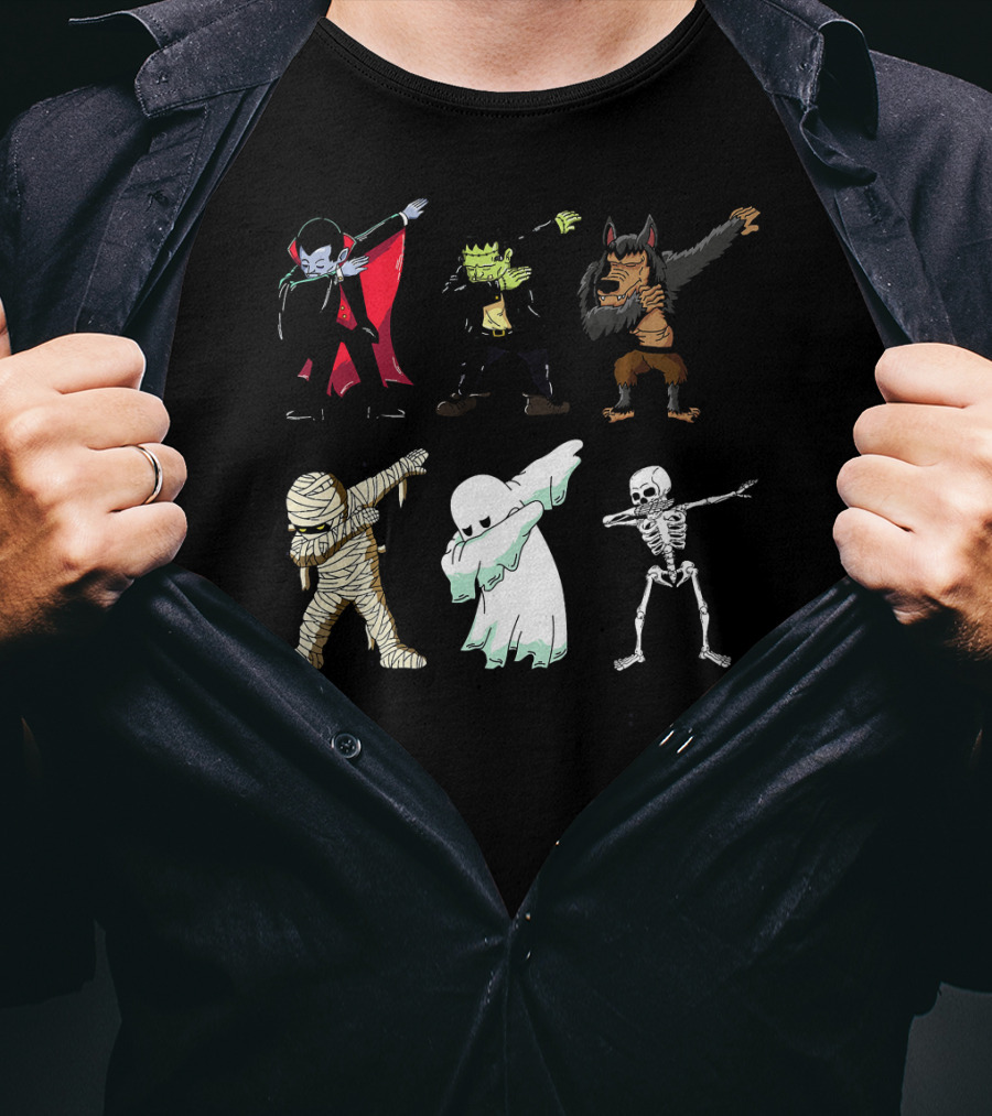 Dabbing Monsters Skeleton Mummy Dracula Frankenstein Werewolf Ghost T-Shirt