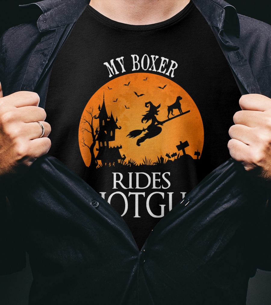 My Boxer Rides Shotgun Halloween Witch Silhouette With Dog And Haunted House T-Shirt