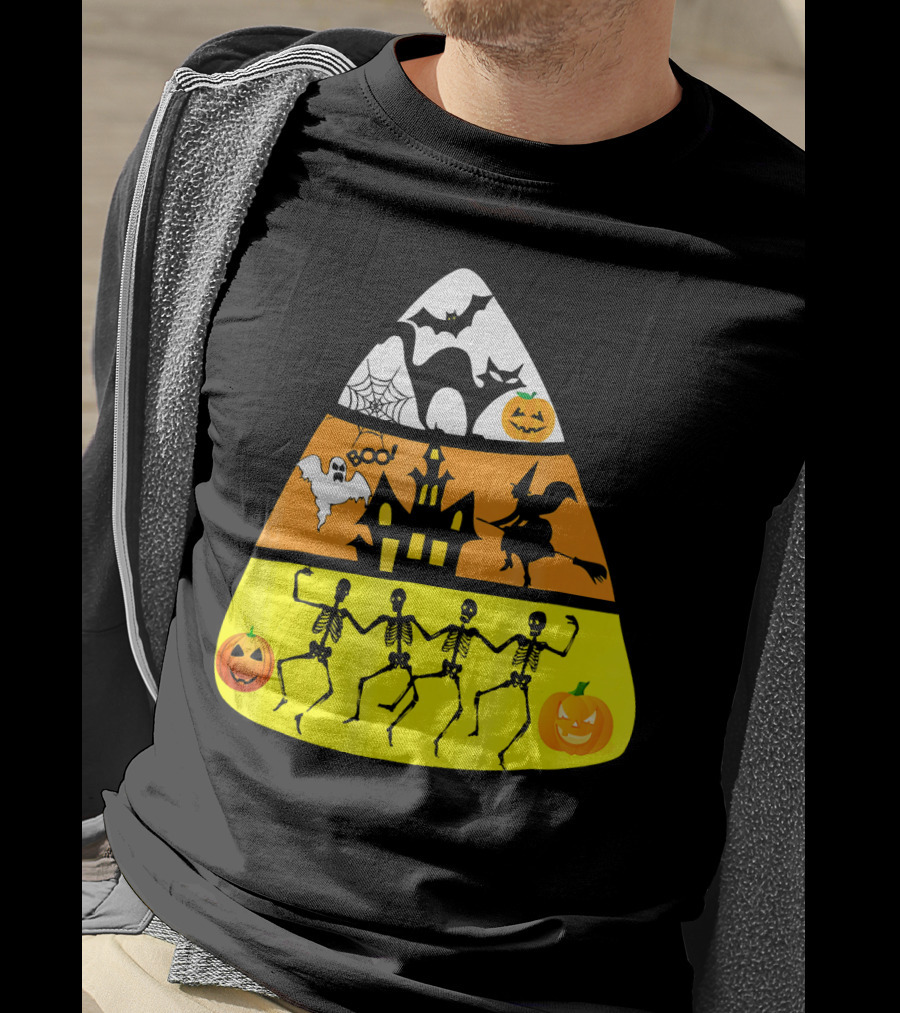 Candy Corn Halloween Scene Witch Skeletons Pumpkins Ghost Bats Haunted House Boo T-Shirt