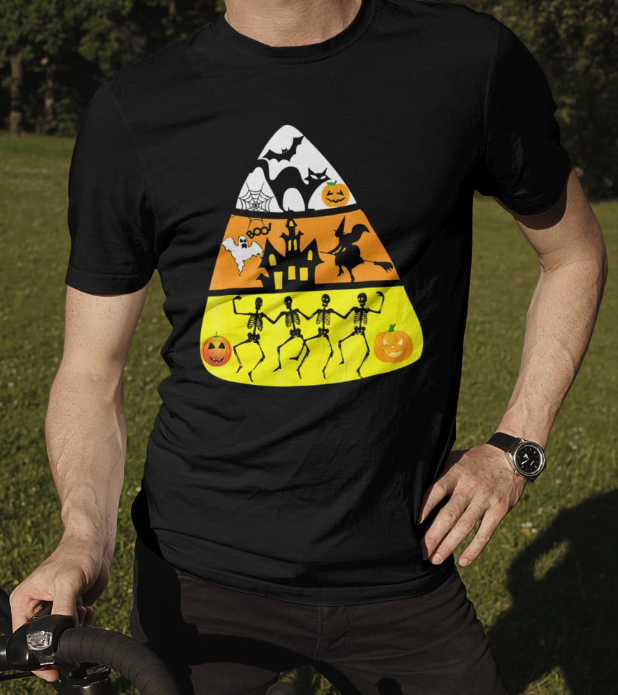 Candy Corn Halloween Scene Witch Skeletons Pumpkins Ghost Bats Haunted House Boo T-Shirt