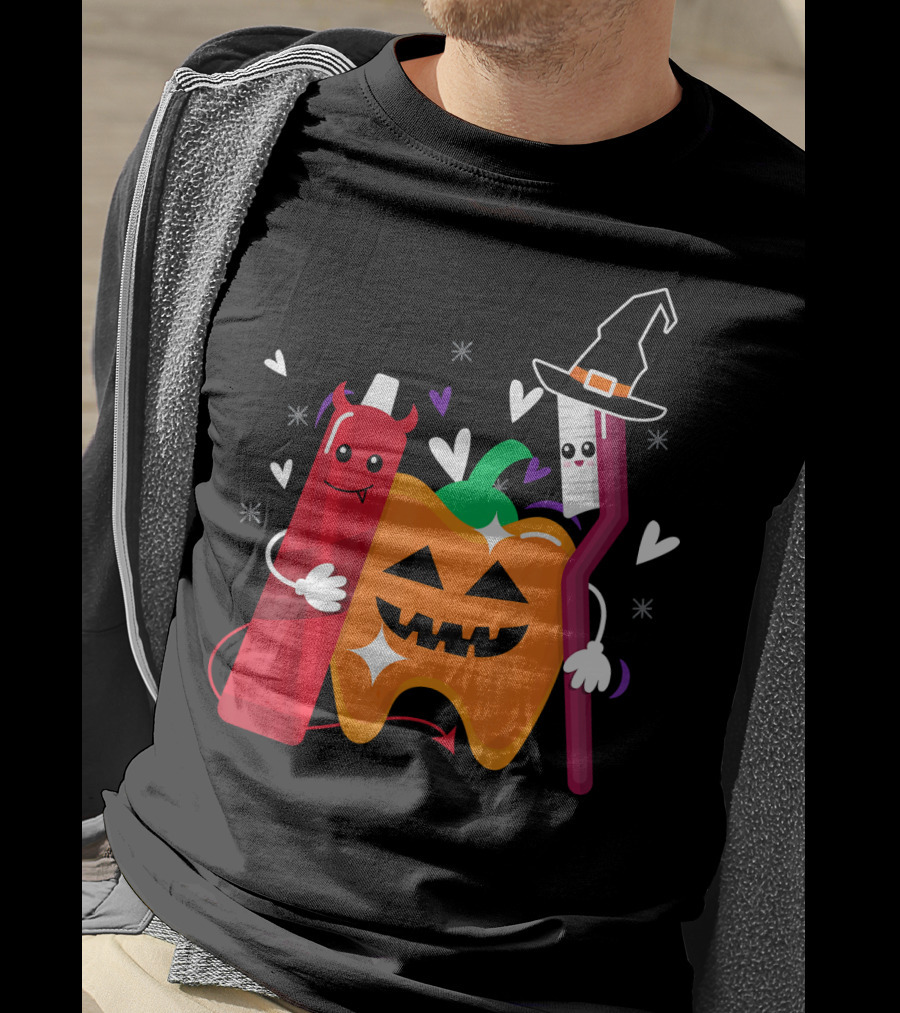 Happy Halloween Costume Toothbrush Tooth With Pumpkin And Toothpaste Characters T-Shirt