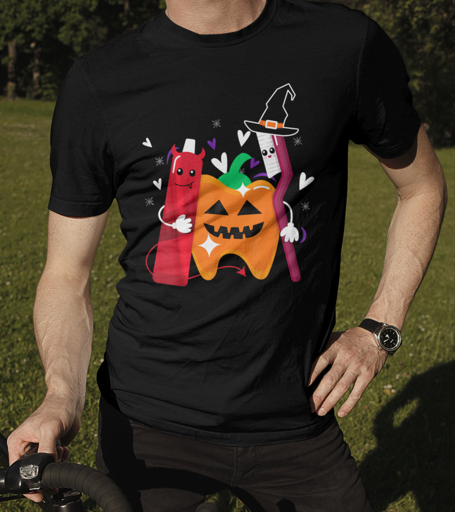Happy Halloween Costume Toothbrush Tooth With Pumpkin And Toothpaste Characters T-Shirt
