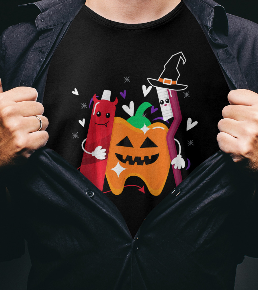 Happy Halloween Costume Toothbrush Tooth With Pumpkin And Toothpaste Characters T-Shirt