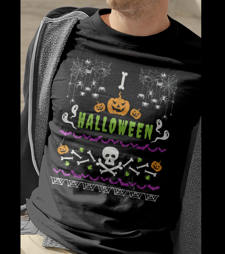 Halloween Lover Ugly Holiday Spooky Pumpkins Ghosts Skulls Bats Spiders Webs T-Shirt