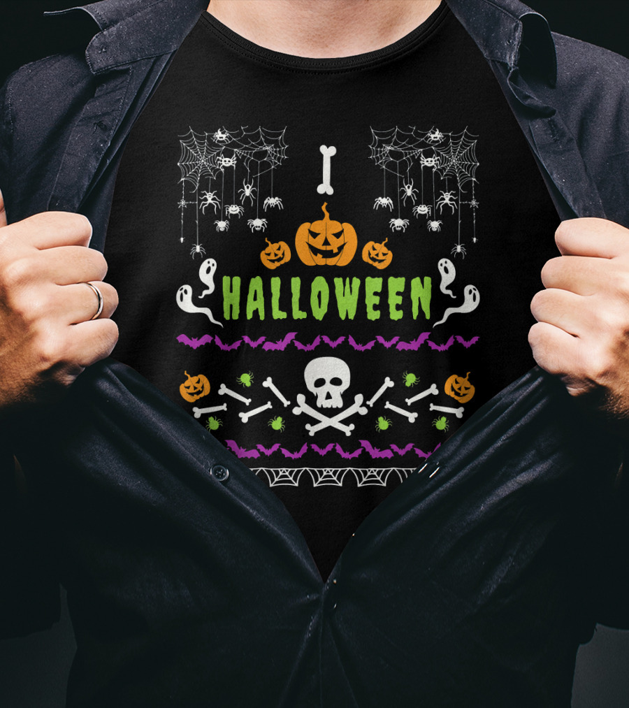 Halloween Lover Ugly Holiday Spooky Pumpkins Ghosts Skulls Bats Spiders Webs T-Shirt