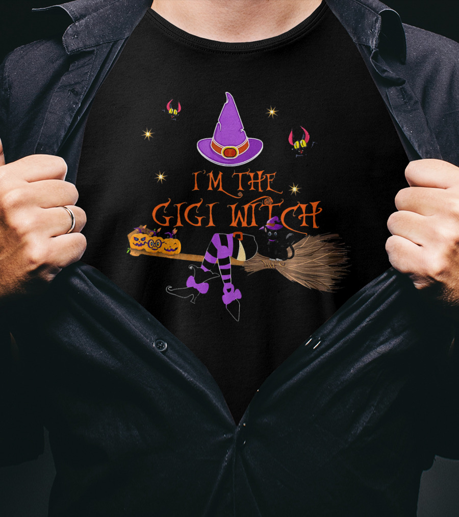 I'm The Gigi Witch Halloween Purple Hat Cat Broomstick Stars T-Shirt
