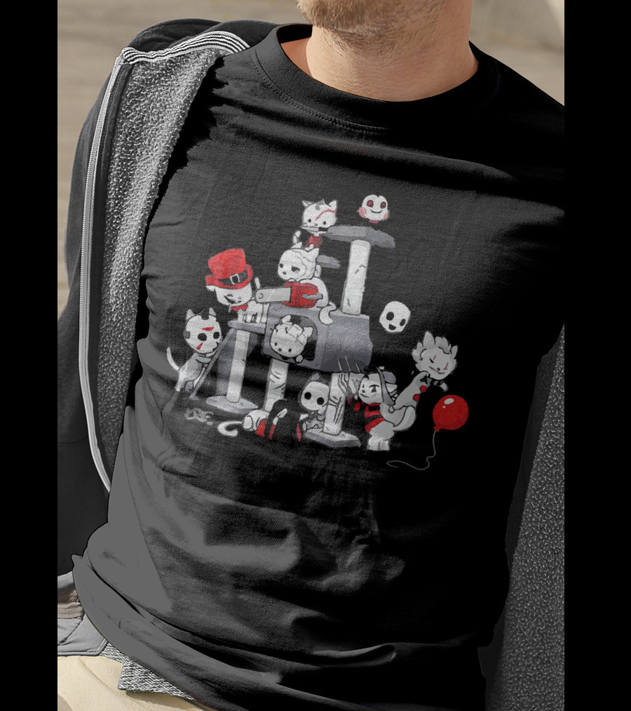 I Love Cats Horror Kitties Climbing Tower With Skull Mask Red Balloon And Top Hat T-Shirt