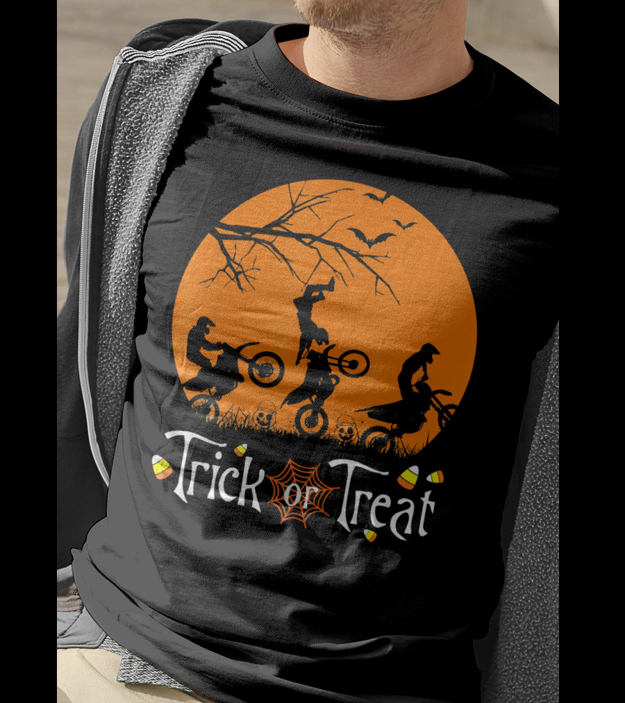 Motocross Halloween Trick Or Treat Moon Scene T-Shirt