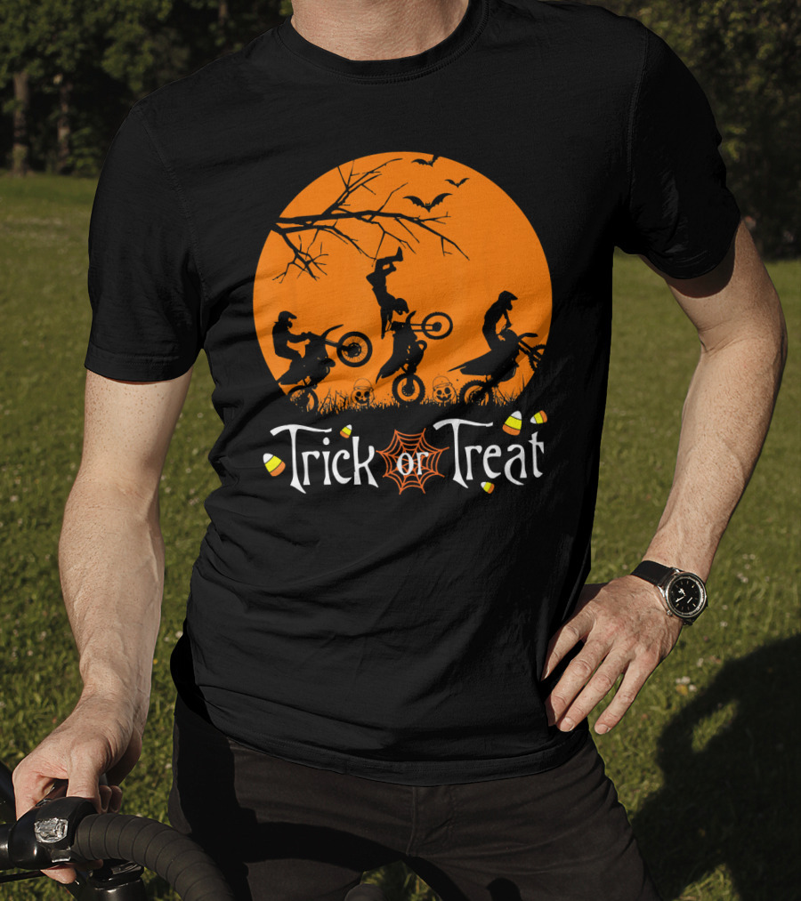 Motocross Halloween Trick Or Treat Moon Scene T-Shirt