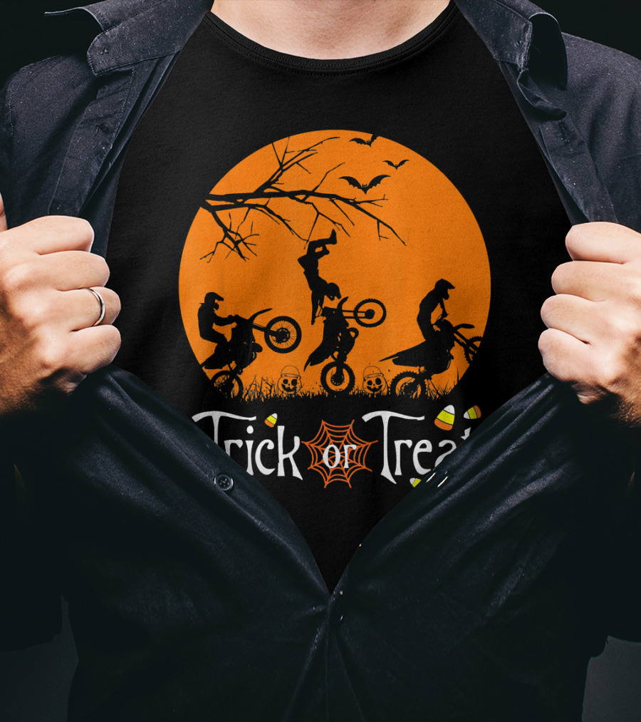 Motocross Halloween Trick Or Treat Moon Scene T-Shirt