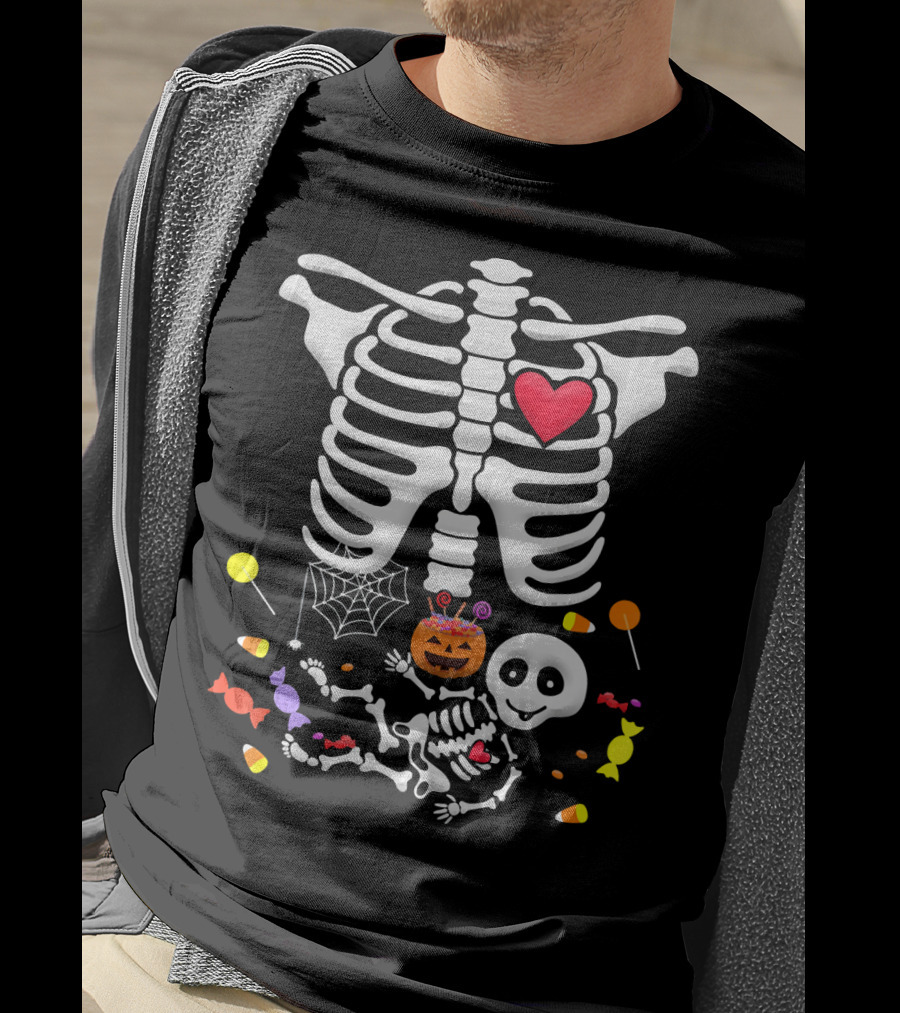 Pregnant Skeleton Heart Candy Pumpkin Halloween T-Shirt