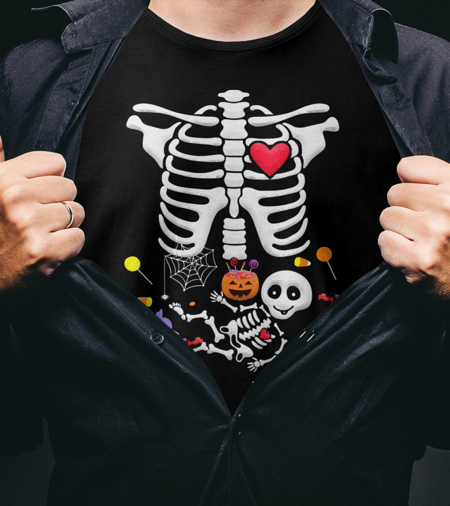 Pregnant Skeleton Heart Candy Pumpkin Halloween T-Shirt