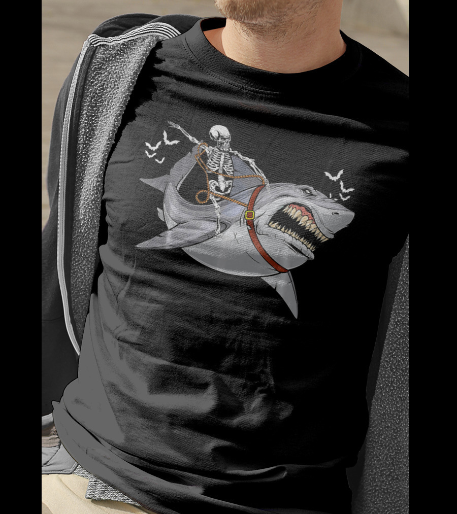 Skeleton Cowboy Riding Giant Shark With Bats T-Shirt