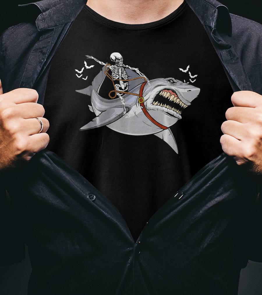 Skeleton Cowboy Riding Giant Shark With Bats T-Shirt