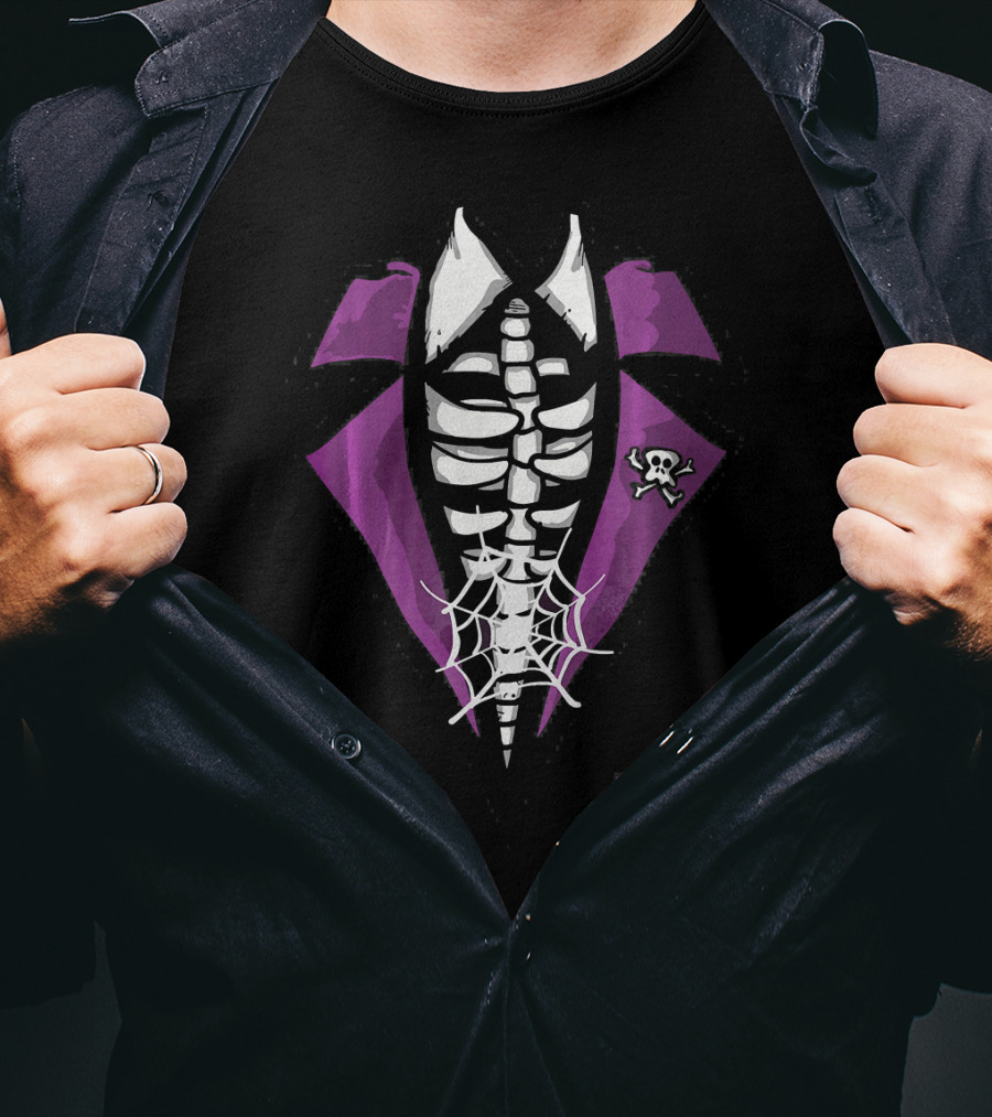 Halloween Skeleton Tuxedo Scary Rib Cage With Spider Web And Skull Brooch T-Shirt