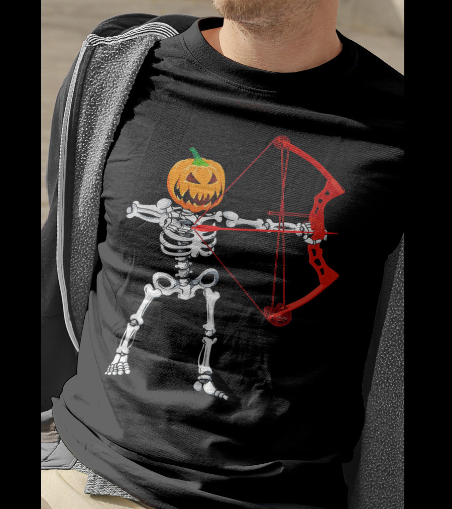 Skeleton Pumpkin Head With Red Bow Archery Halloween T-Shirt