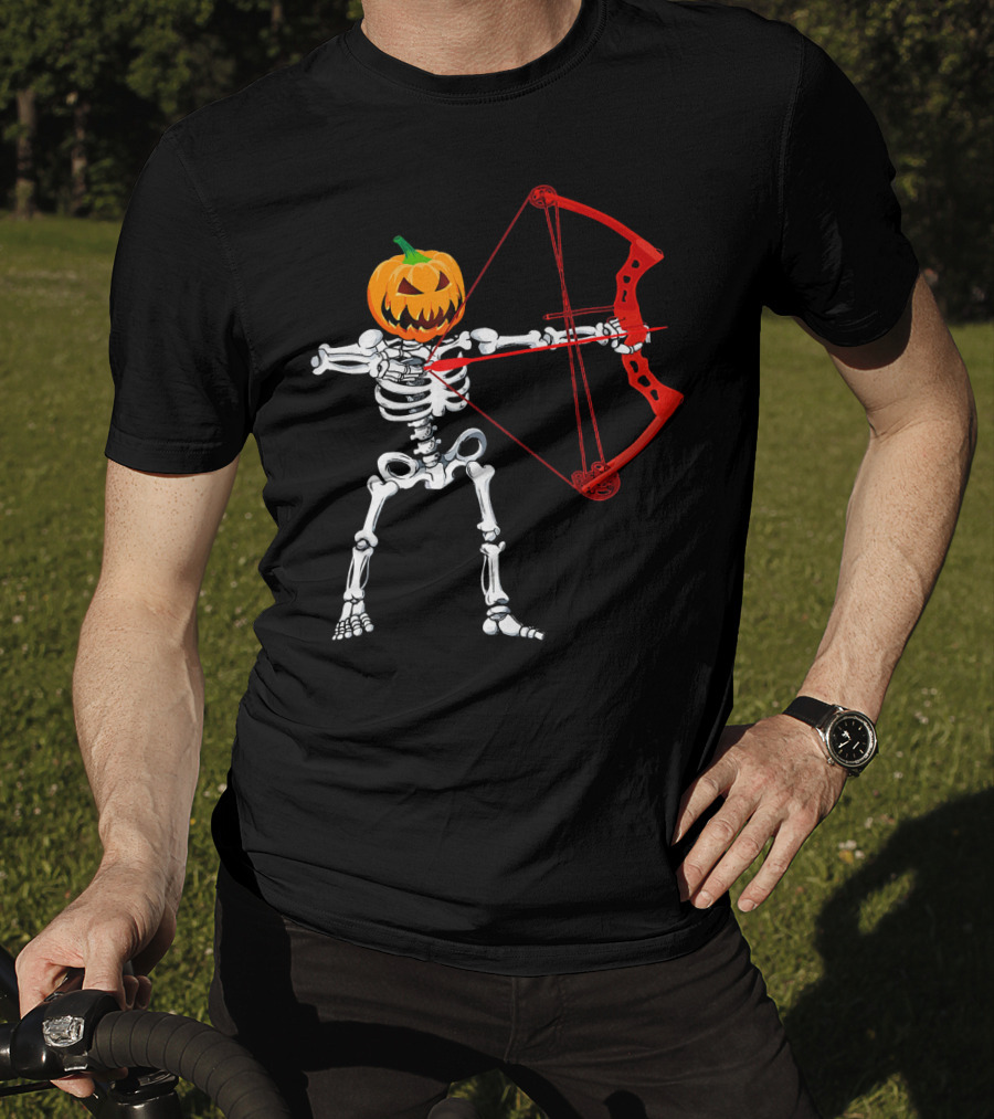 Skeleton Pumpkin Head With Red Bow Archery Halloween T-Shirt